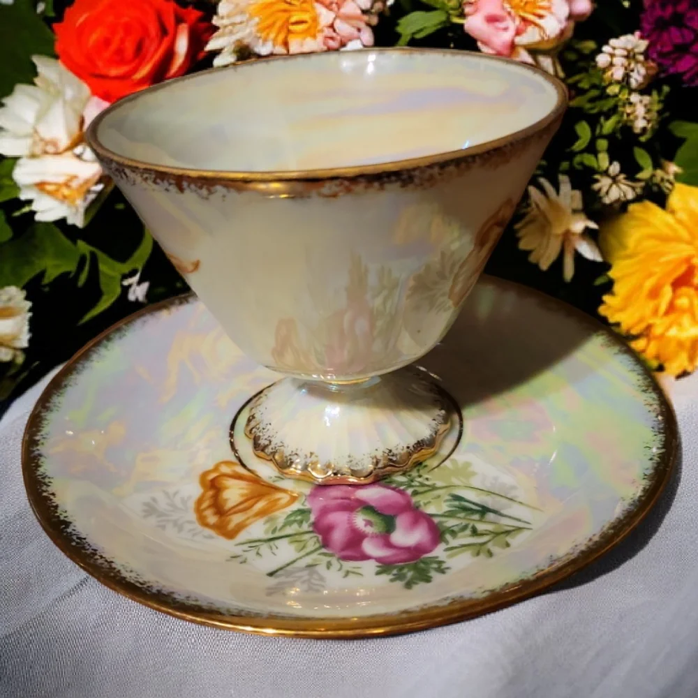 Vtg August Poppy Iridescent Demitasse Footed Cup Saucer Heavy Gold Accents